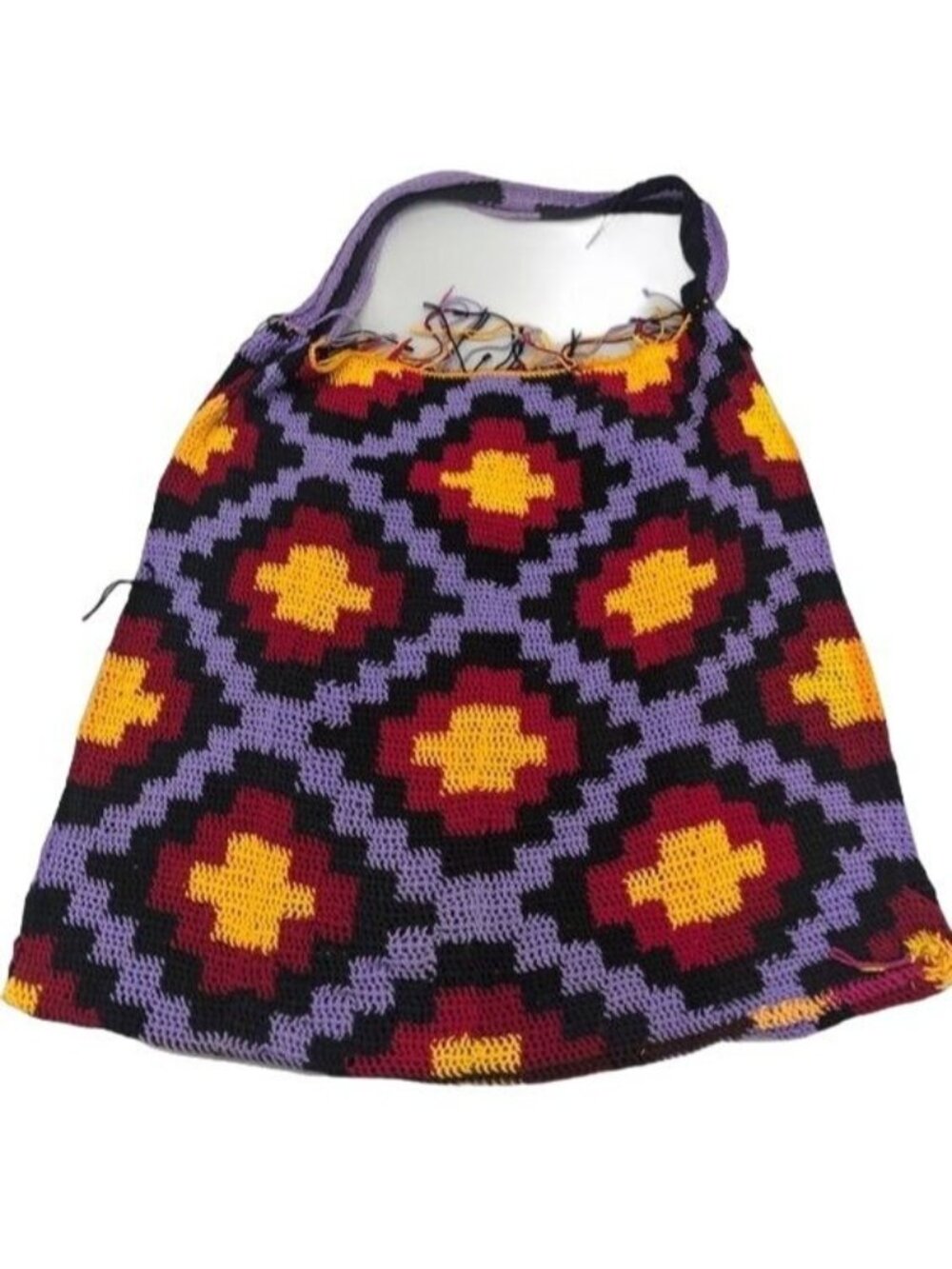 handmade boho knitted multi color shoulder bag handle graphic fringe READ
